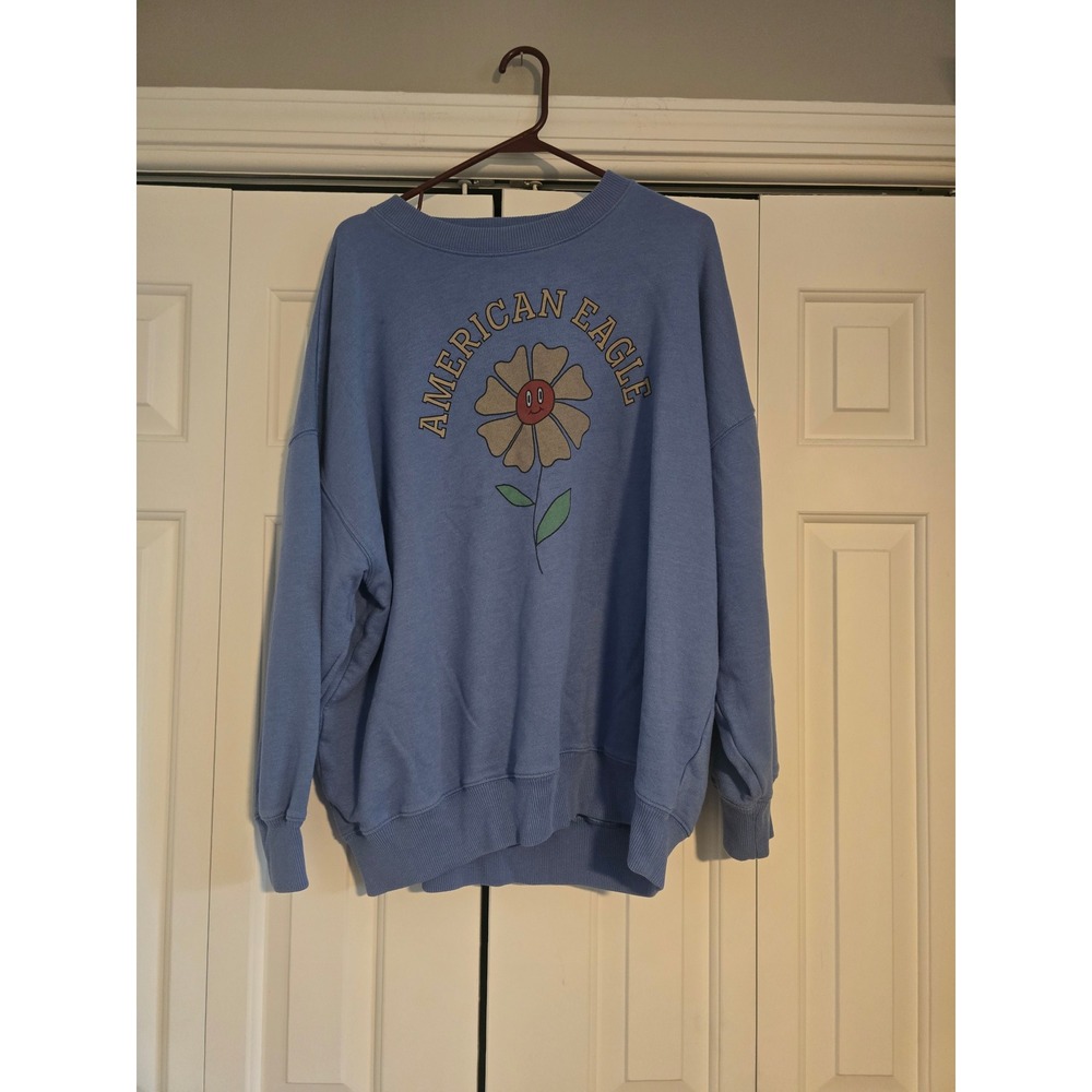 American Eagle Blue Graphic Flower Daisy Crewneck Sweatshirt XL Oversized Retro